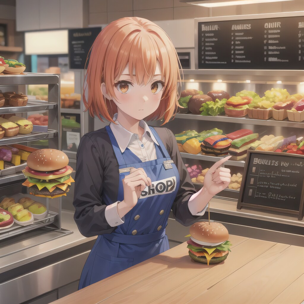 オレンジ髪ボブでエプロンの少女