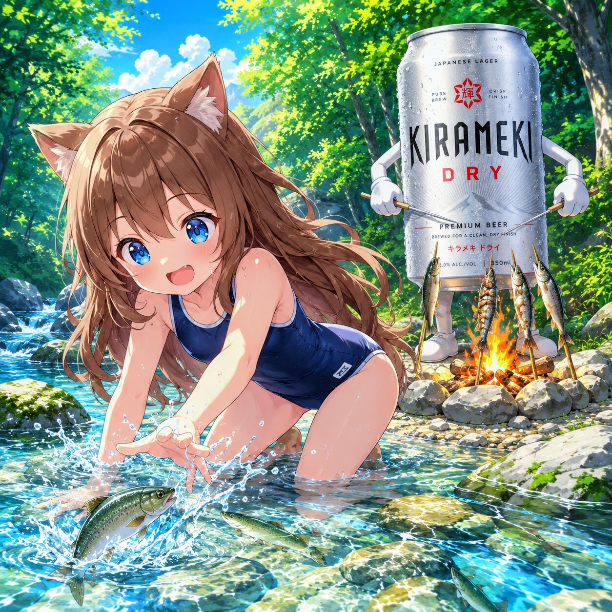 川魚を手づかみで捕まえている小さな女の子