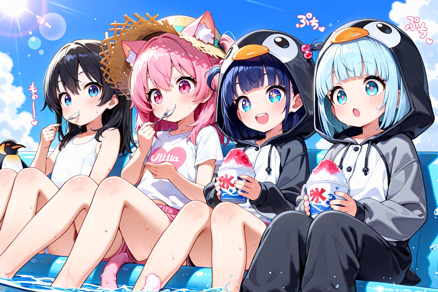 cyan motoさんのところのねこちゃんからかき氷をもらって大はしゃぎのペンギンちゃんのところにかき氷をもらいにきた城ヶ崎アオイさんのところのやよいちゃんとよろず屋さんのところの彩葵海ちゃん