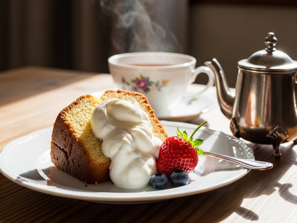 デザートの生クリーム付しっとりパウンドケーキ