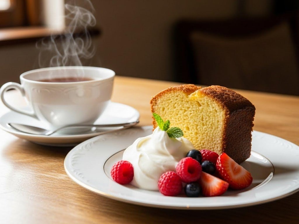 デザートの生クリーム付しっとりパウンドケーキ