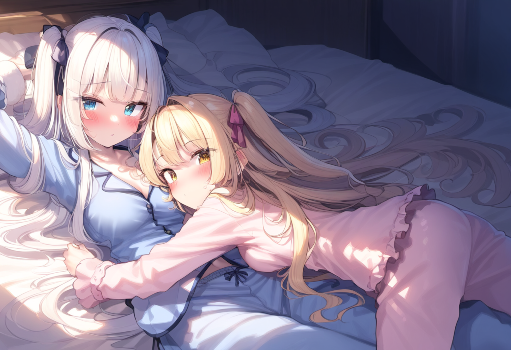 パジャマで抱きつく二人