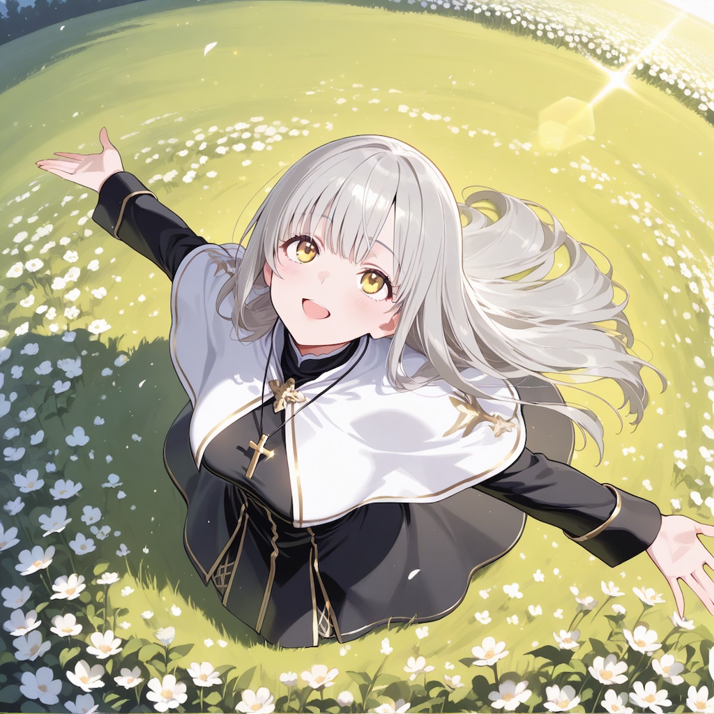 花畑で太陽光に照らされて