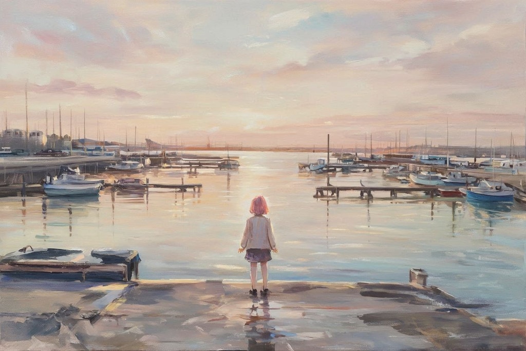 中島と港の風景画