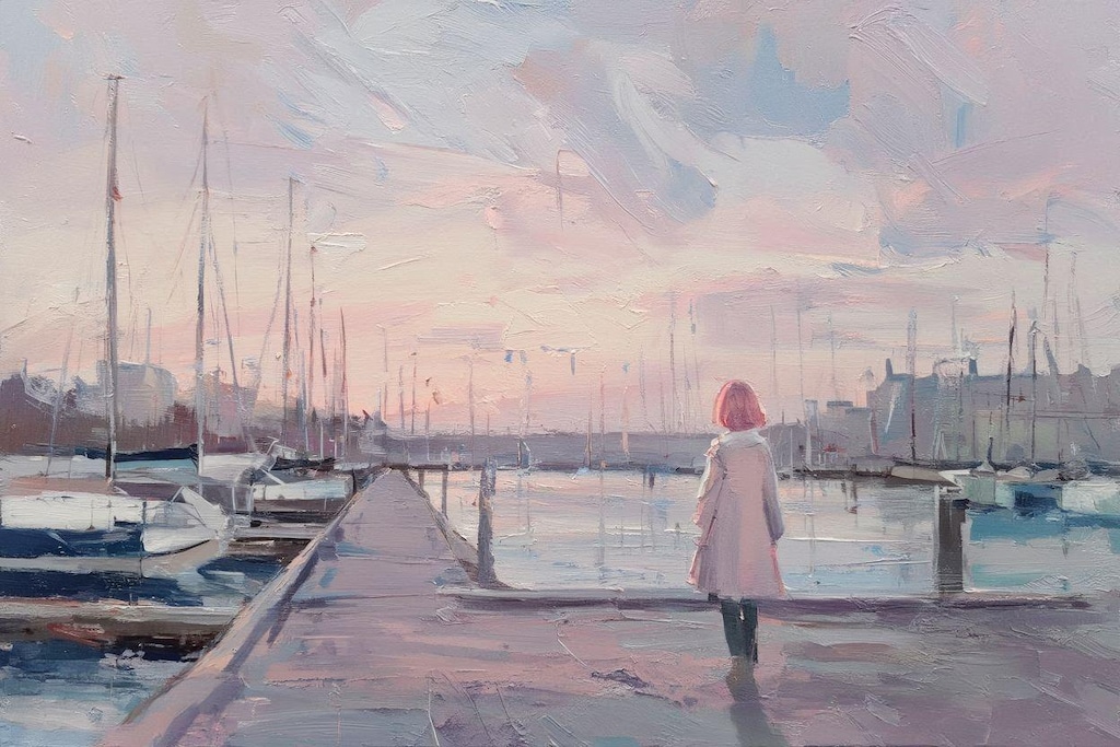 中島と港の風景画