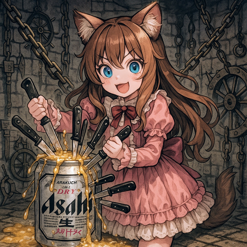 ビール缶をナイフで刺し続ける小さな女の子