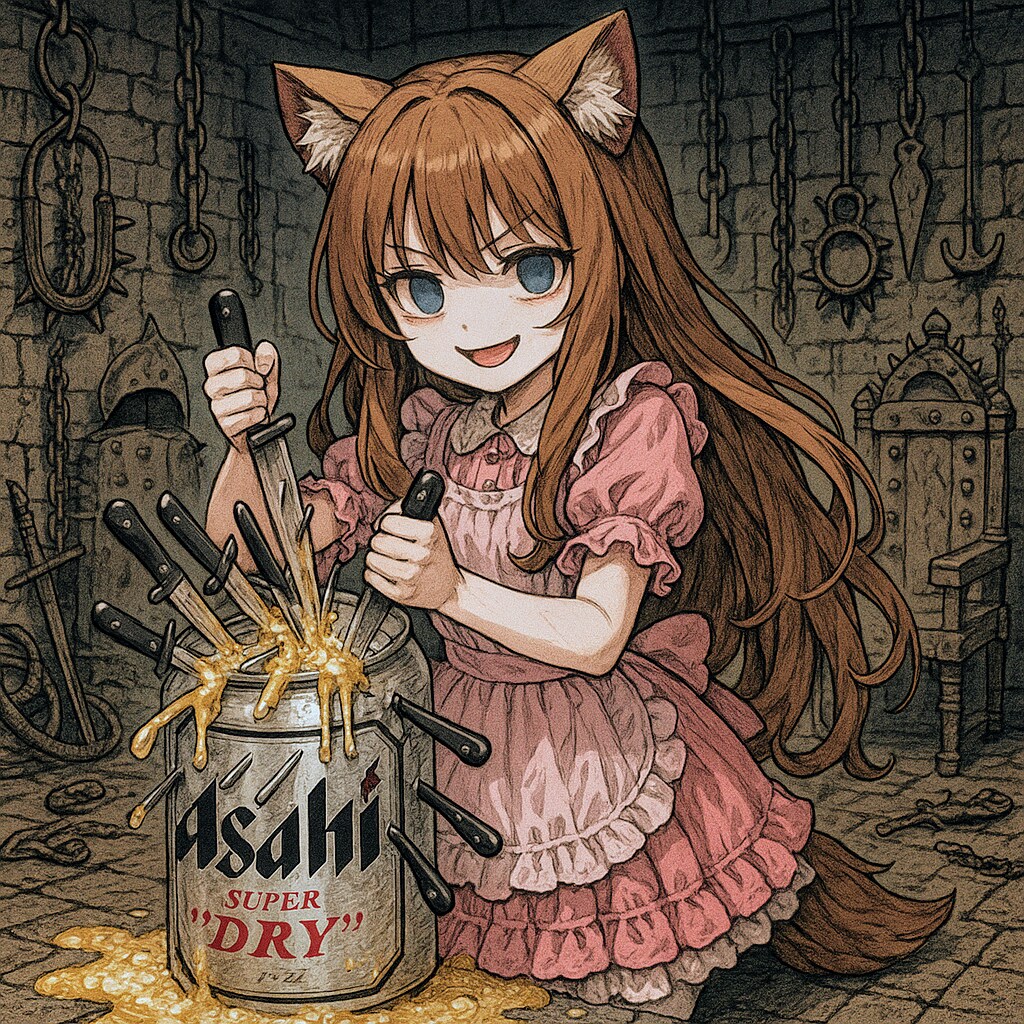 ビール缶をナイフで刺し続ける小さな女の子