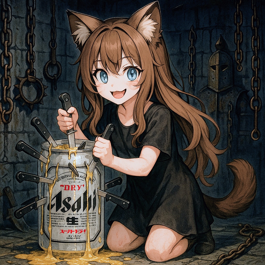 ビール缶をナイフで刺し続ける小さな女の子