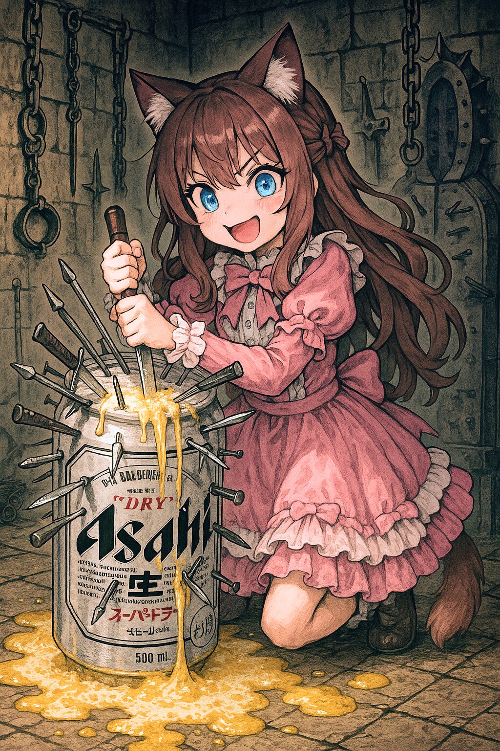 ビール缶をナイフで刺し続ける小さな女の子