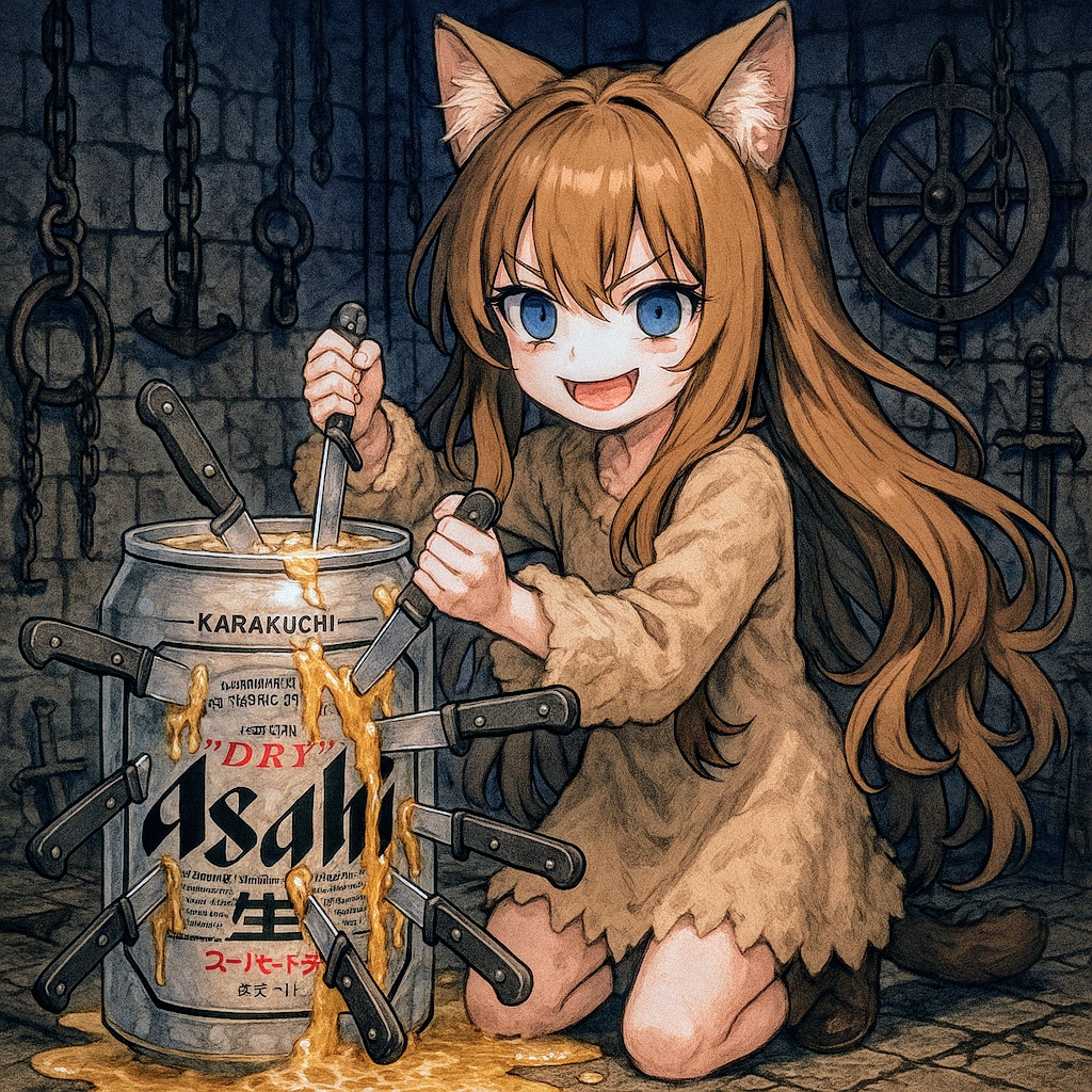 ビール缶をナイフで刺し続ける小さな女の子