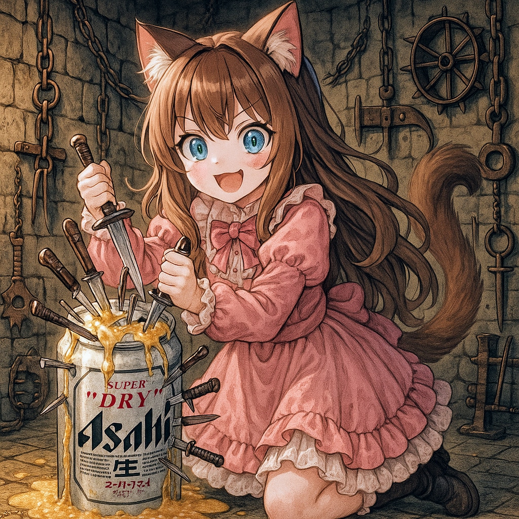 ビール缶をナイフで刺し続ける小さな女の子