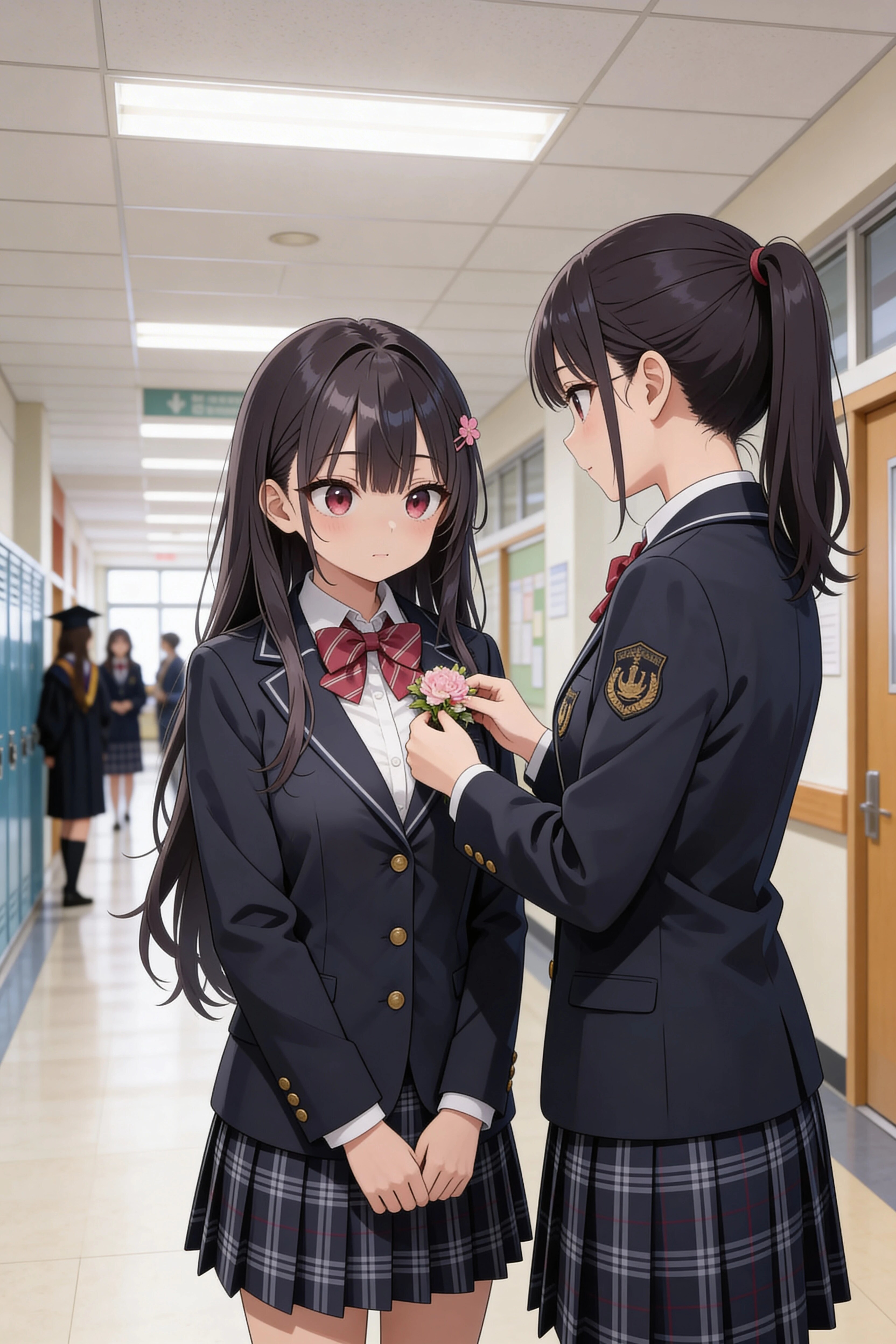 卒業式　後輩にコサージュをつけてもらう