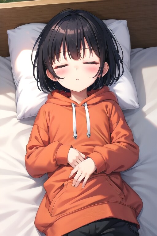 気持ち良さそうに寝ている赤いパーカーの少年