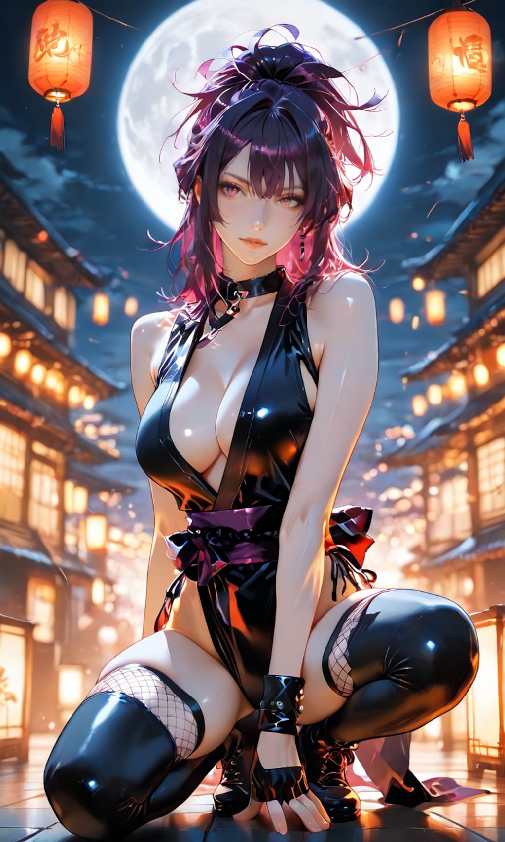 杠、満月を背に佇むくノ一の艶めいた夜