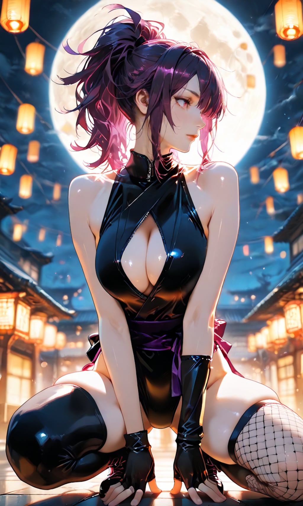 杠、満月を背に佇むくノ一の艶めいた夜