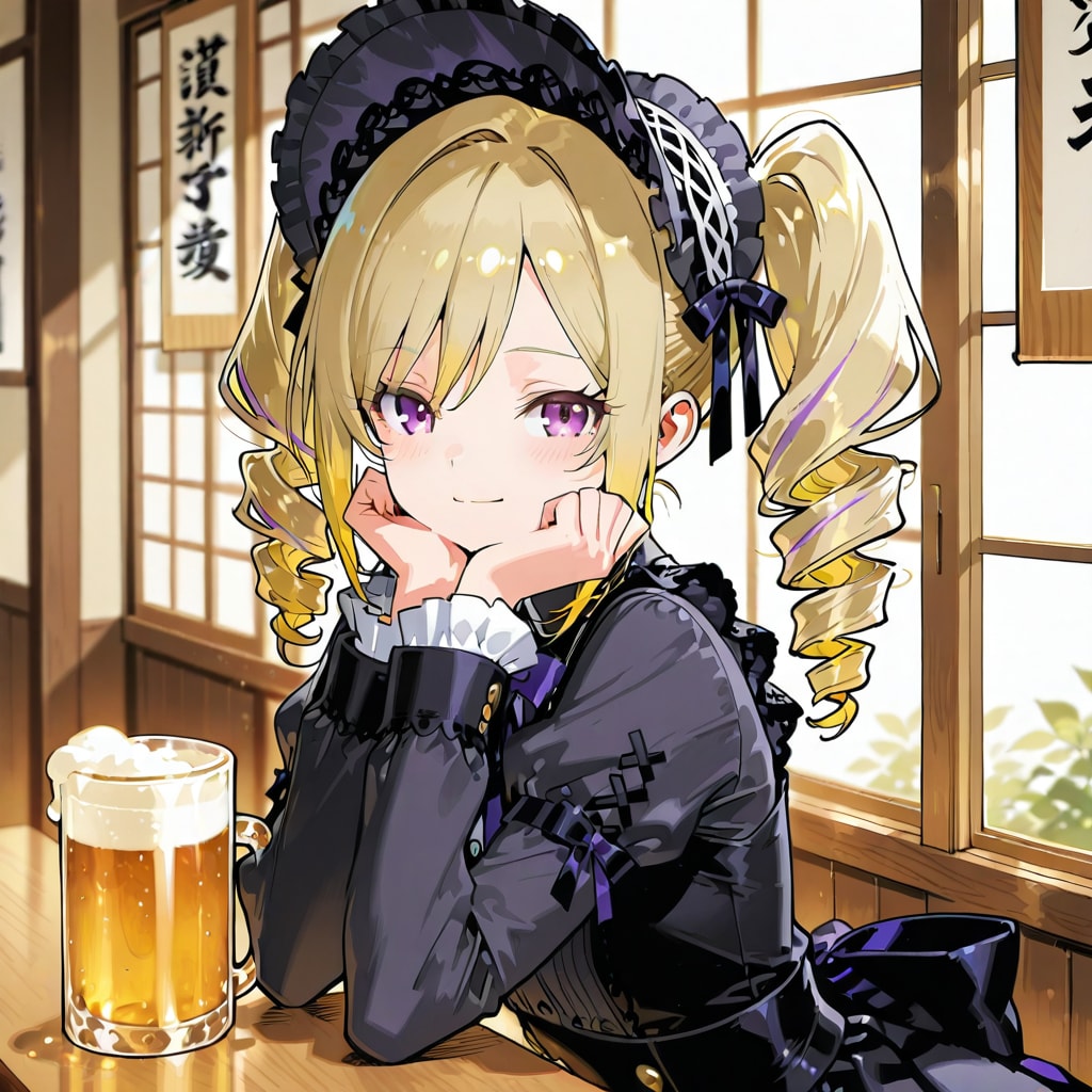 ゴスロリ金髪ツインドリルの店員が隣でビールを勧めてくる | の人気AIイラスト・グラビア