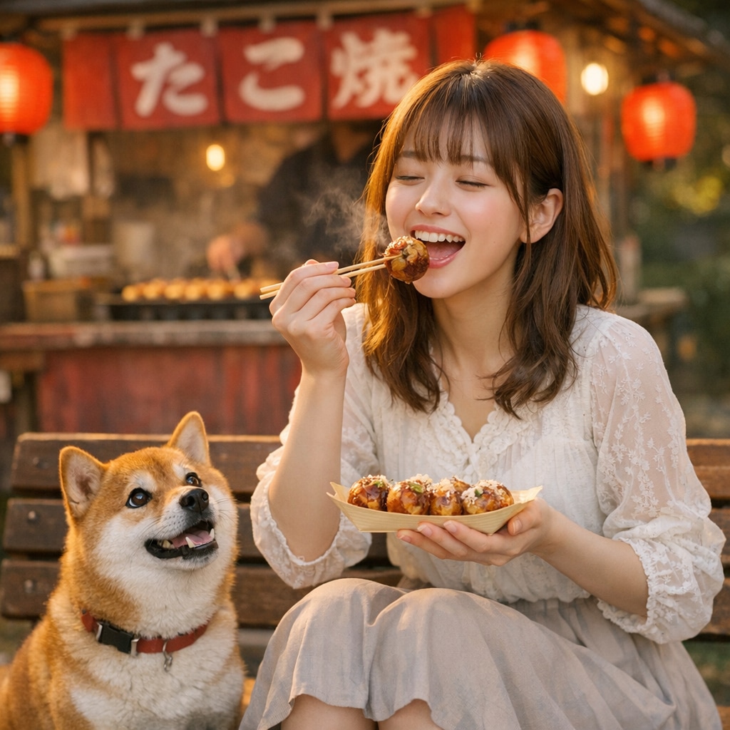 たこ焼きを食べる人と柴犬