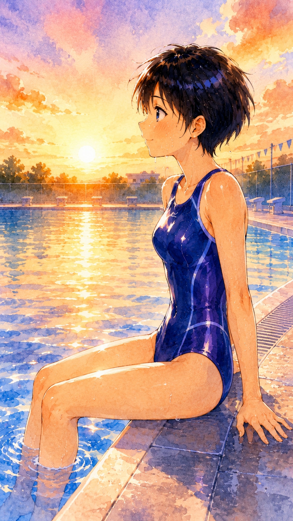 夕日とスポーツ少女