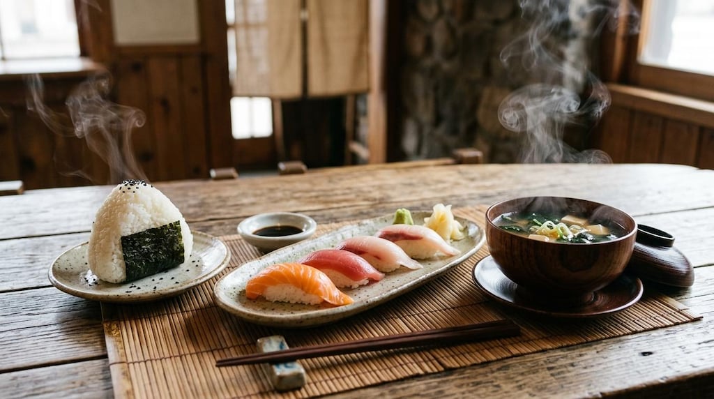 摩訶不思議食堂のおにぎりと寿司のセット味噌汁付き