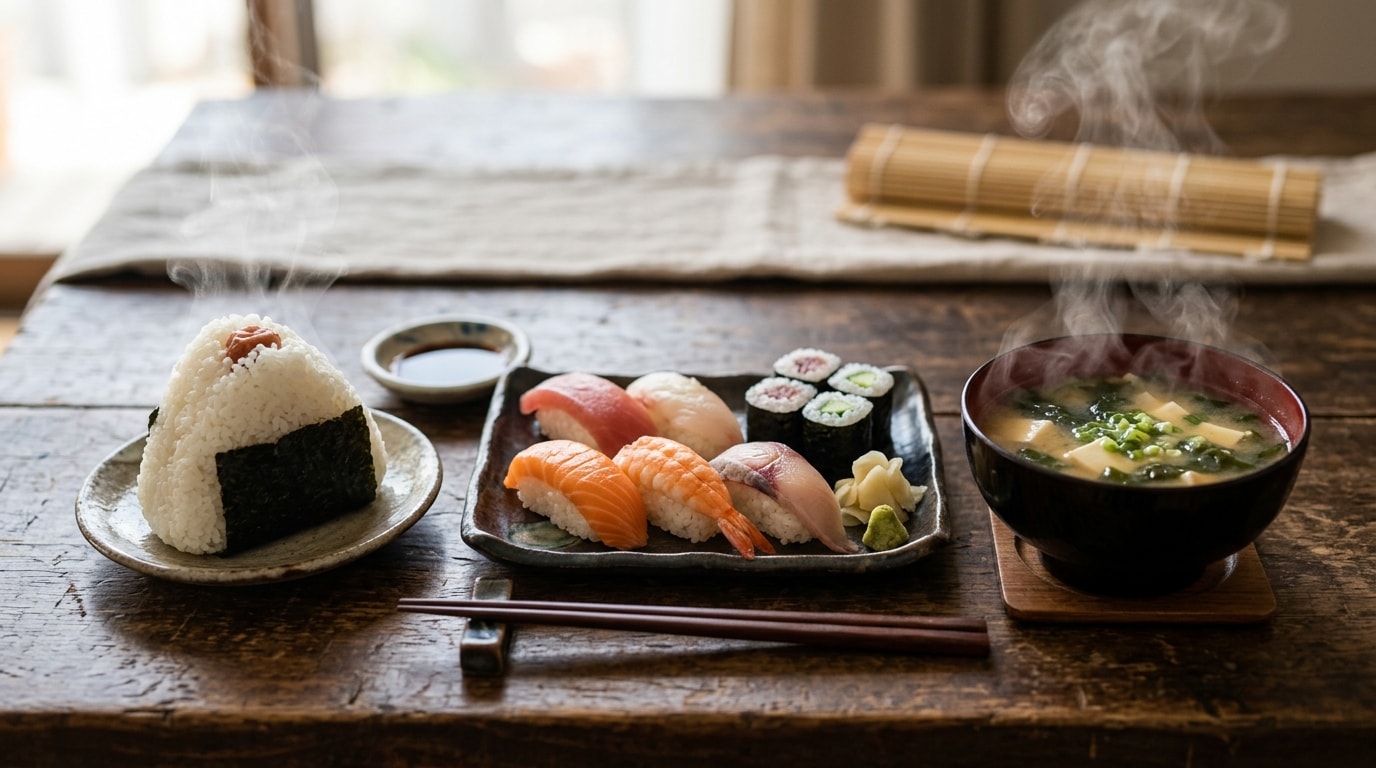 摩訶不思議食堂のおにぎりと寿司のセット味噌汁付き