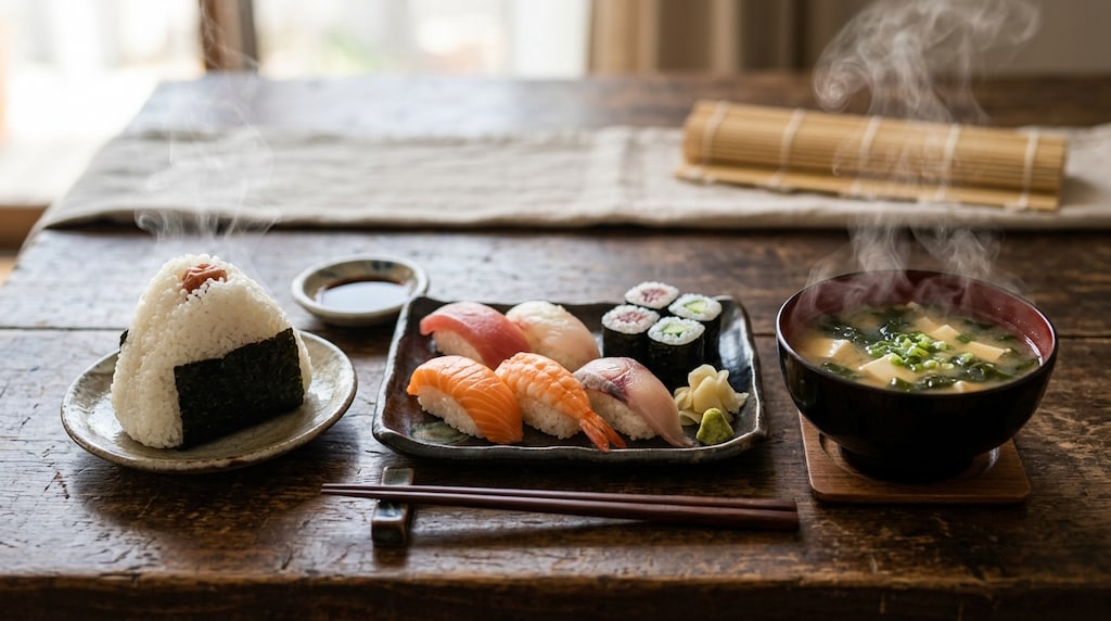 摩訶不思議食堂のおにぎりと寿司のセット味噌汁付き