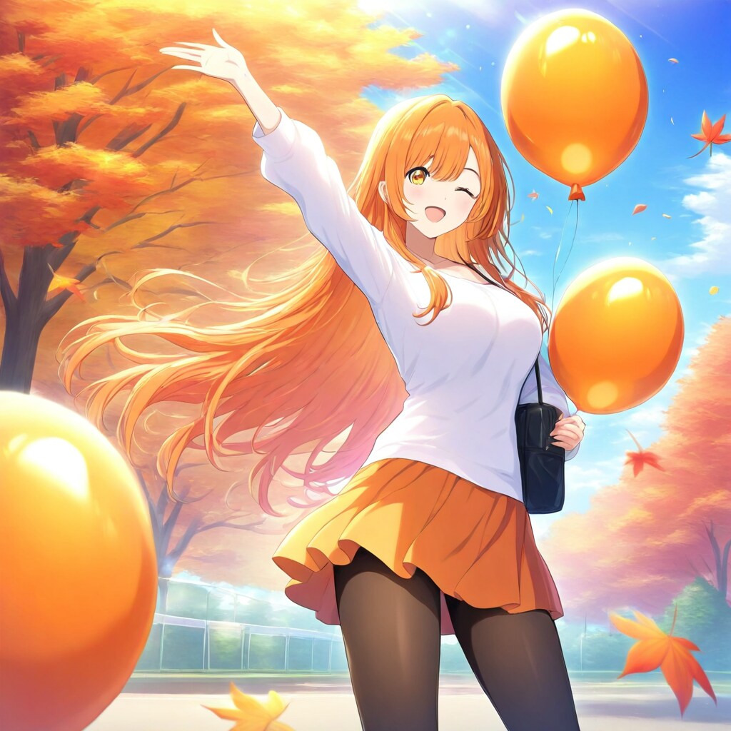紅葉している公園でオレンジの風船を持つオレンジ髪ロングの美女。 | の人気AIイラスト・グラビア