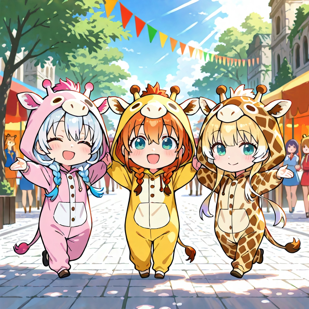 石畳のストリートを歩くキリン着ぐるみちび子ちゃん