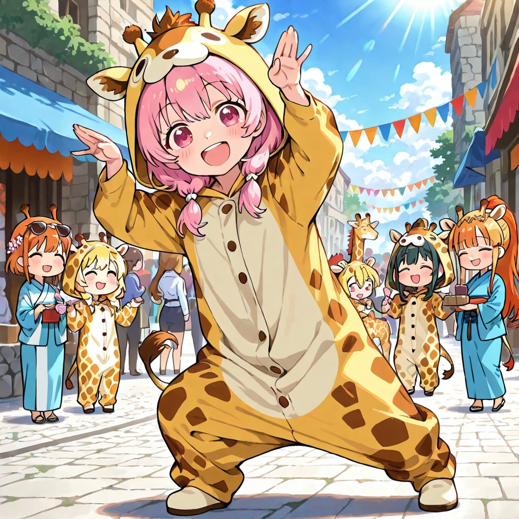 石畳のストリートを歩くキリン着ぐるみちび子ちゃん