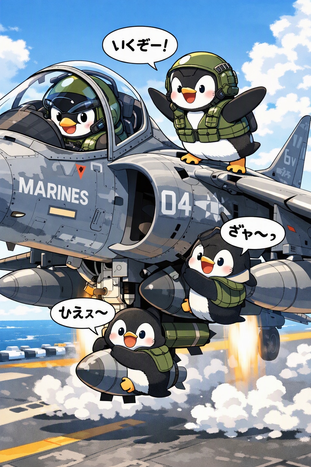 ハリアーで飛ぼうとするペンギンたち