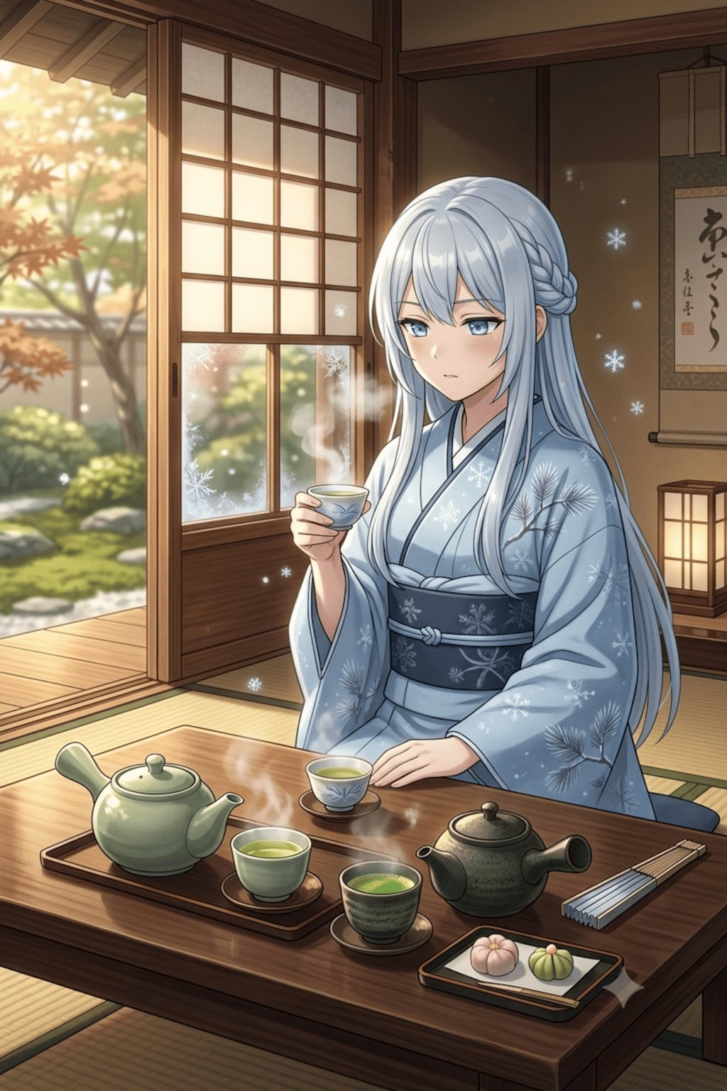 お茶を飲む。