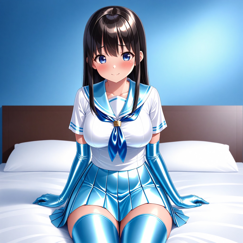 光沢水色半袖セーラー服長手袋サイハイソックス