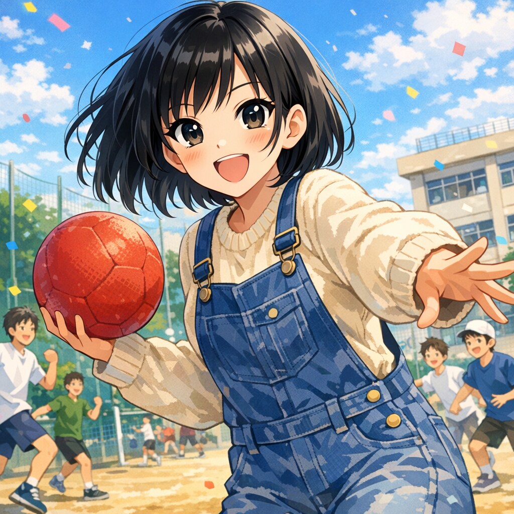 りえちゃん、校庭でドッジボールを遊ぶ