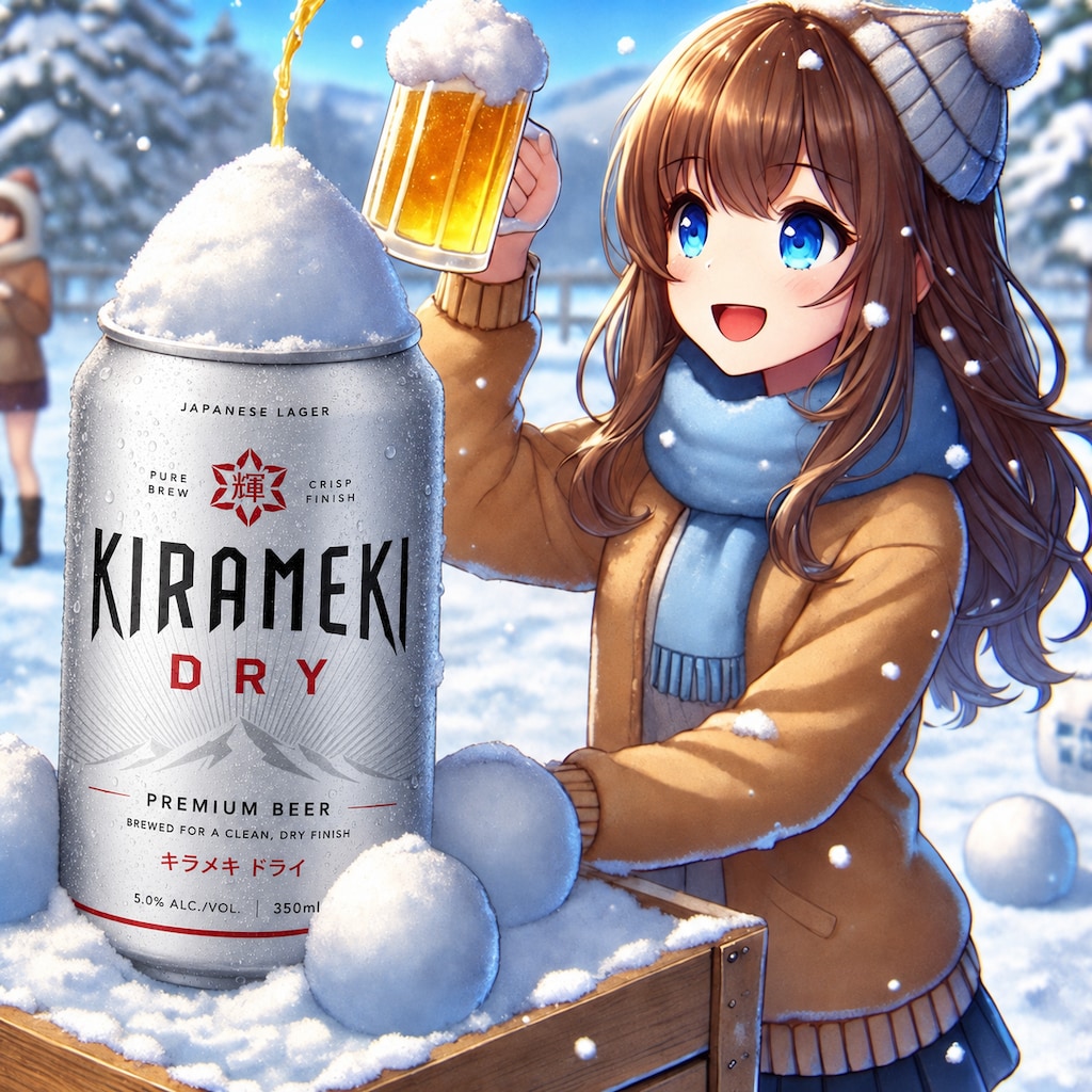 ビールが噴き上がる雪像を作る女の子