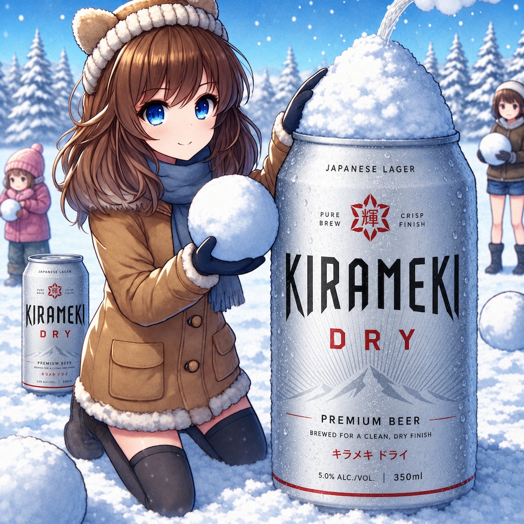 ビールが噴き上がる雪像を作る女の子