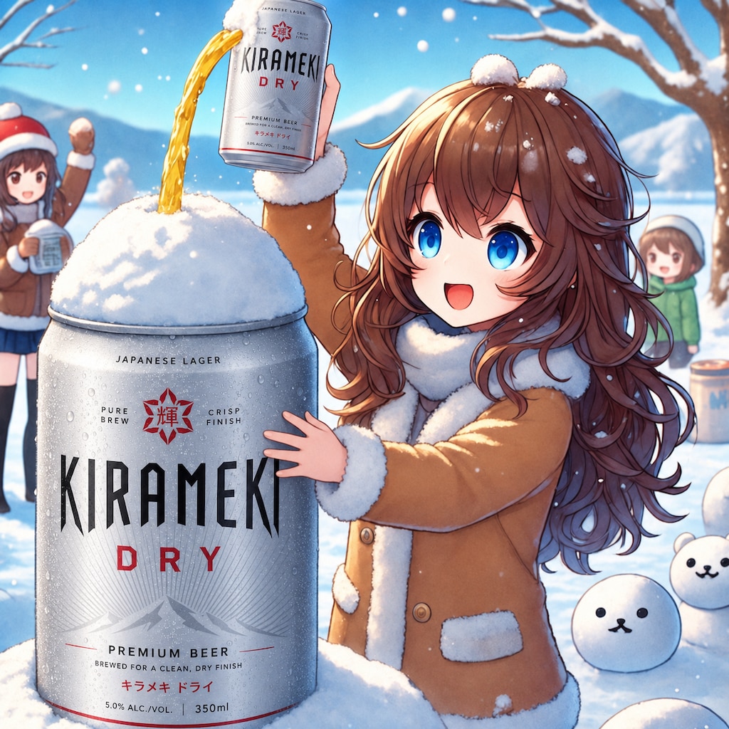 ビールが噴き上がる雪像を作る女の子