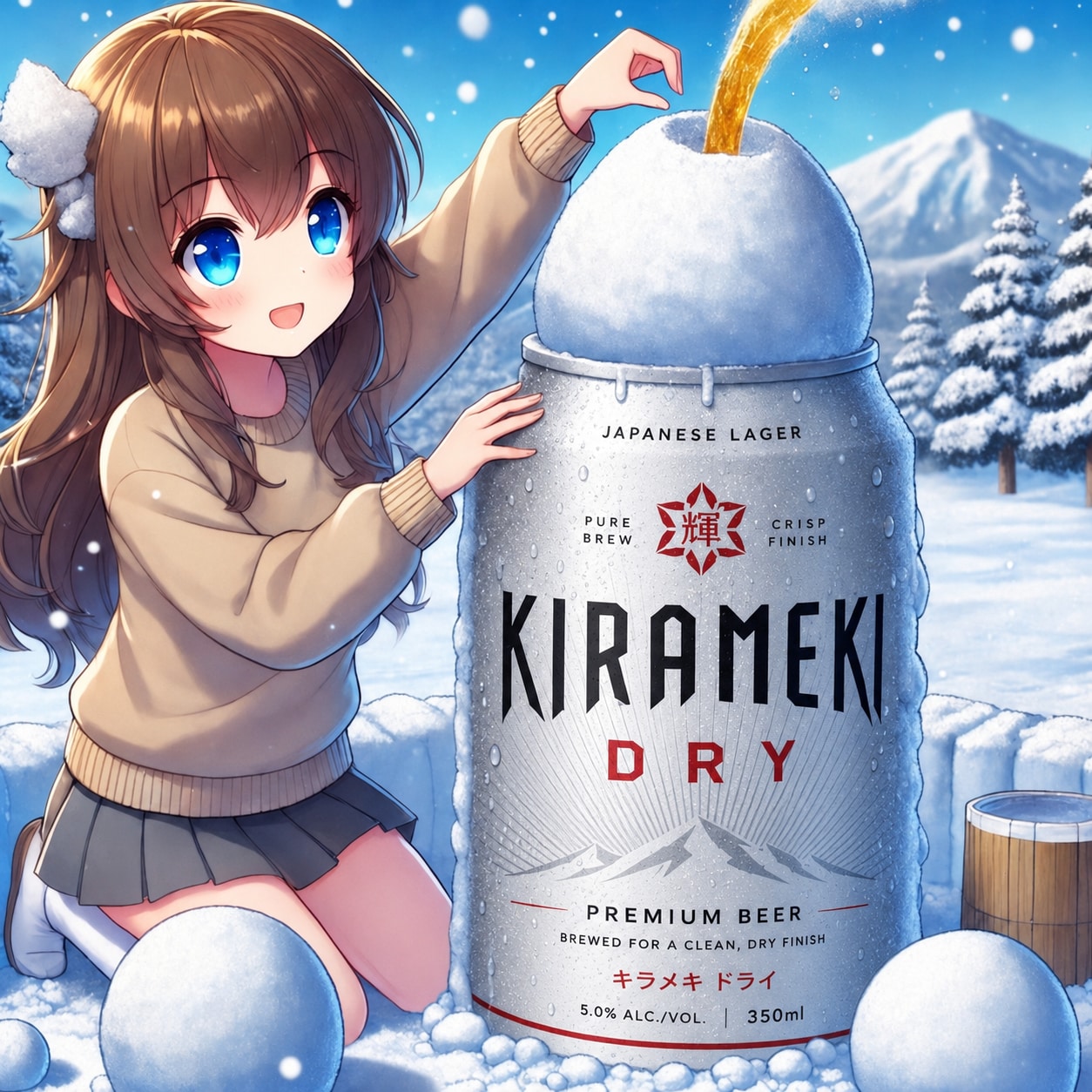 ビールが噴き上がる雪像を作る女の子