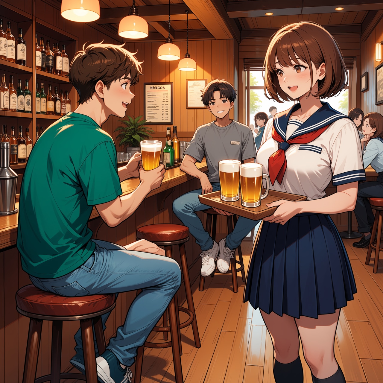 ビールのお代わり、いかがですか？(セーラー服コスプレビアホール) | の人気AIイラスト・グラビア