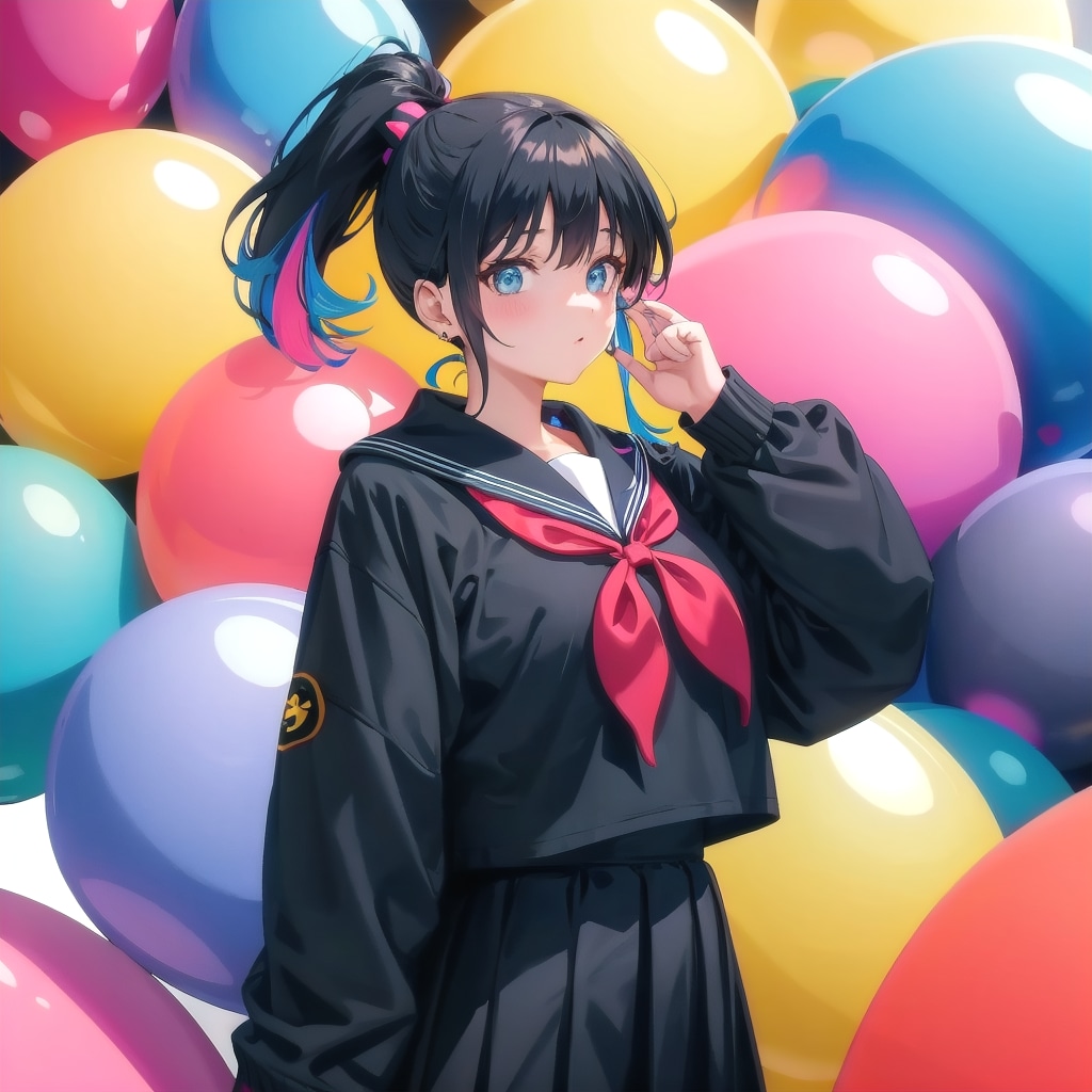 いっぱい色とりどりの巨大風船を持つ黒髪ポニーテールのセーラー服の美少女