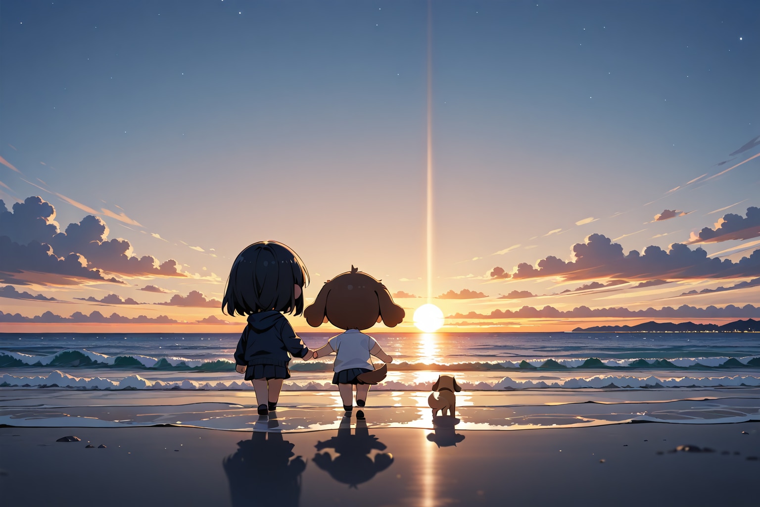 少女と犬っ娘と犬 (早朝の海辺) | の人気AIイラスト・グラビア