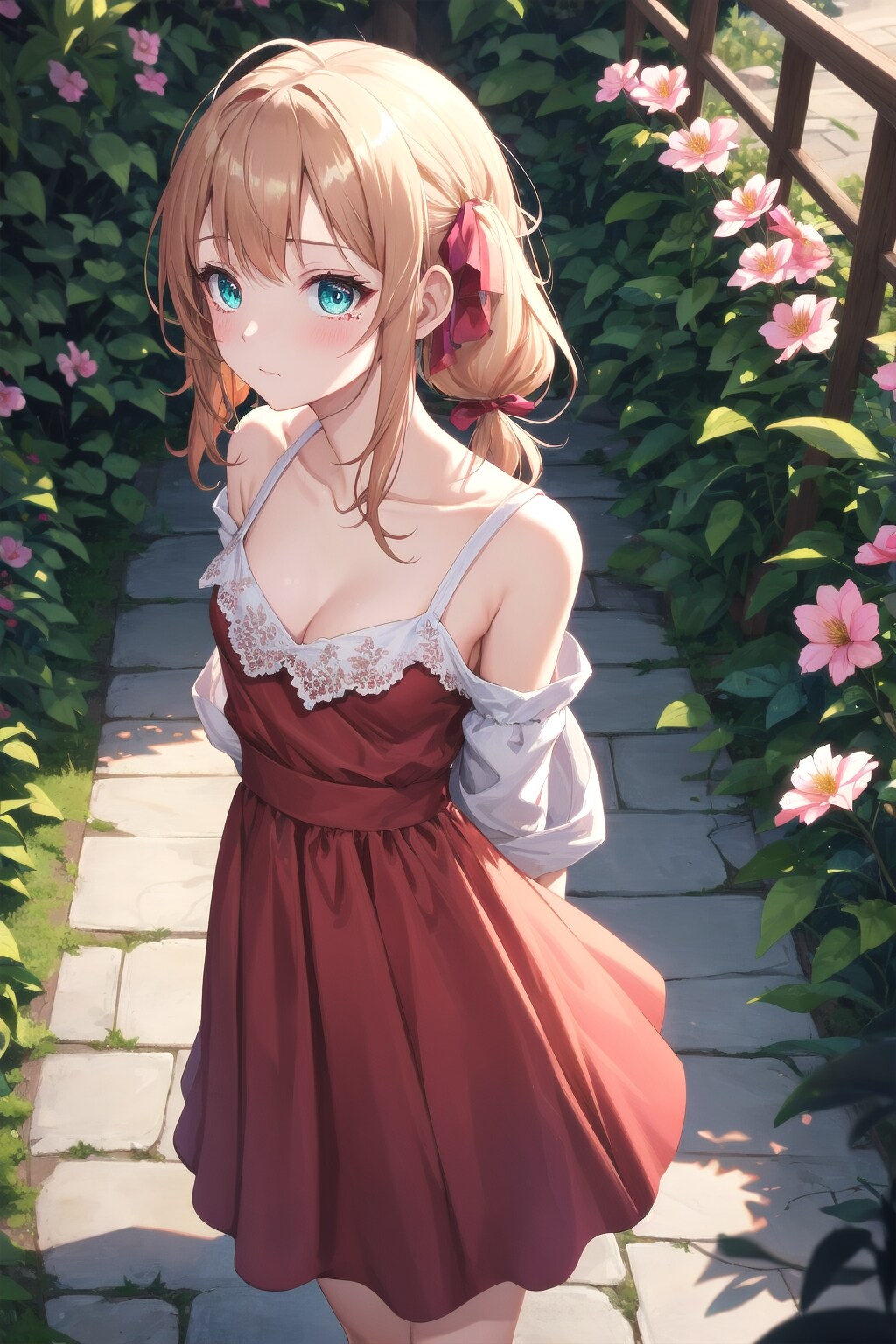 涙ぐむ赤いドレスの少女