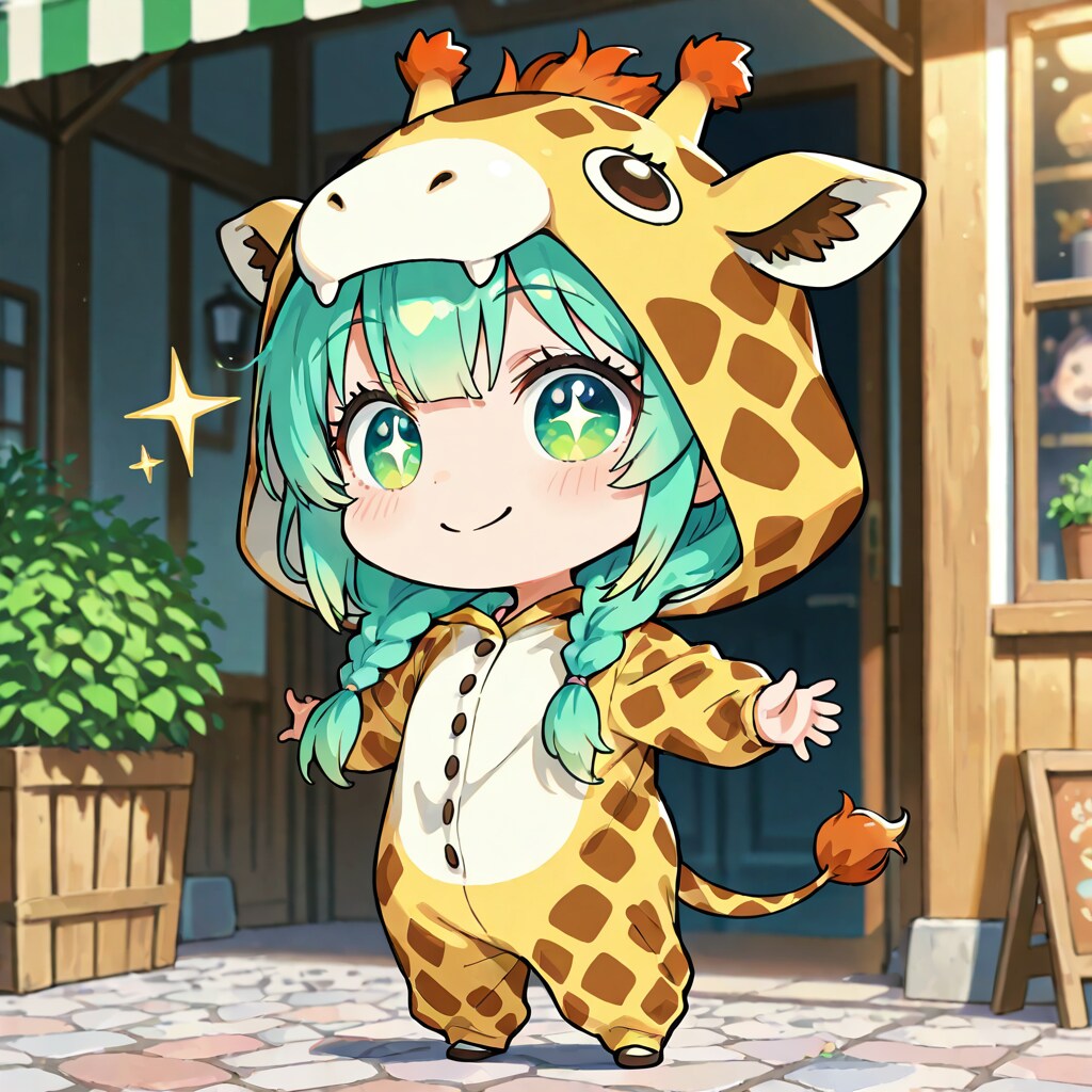 カフェの店先に立つキリン着ぐるみちび子ちゃん | の人気AIイラスト・グラビア