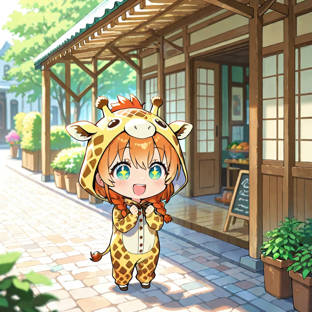 カフェの店先に立つキリン着ぐるみちび子ちゃん