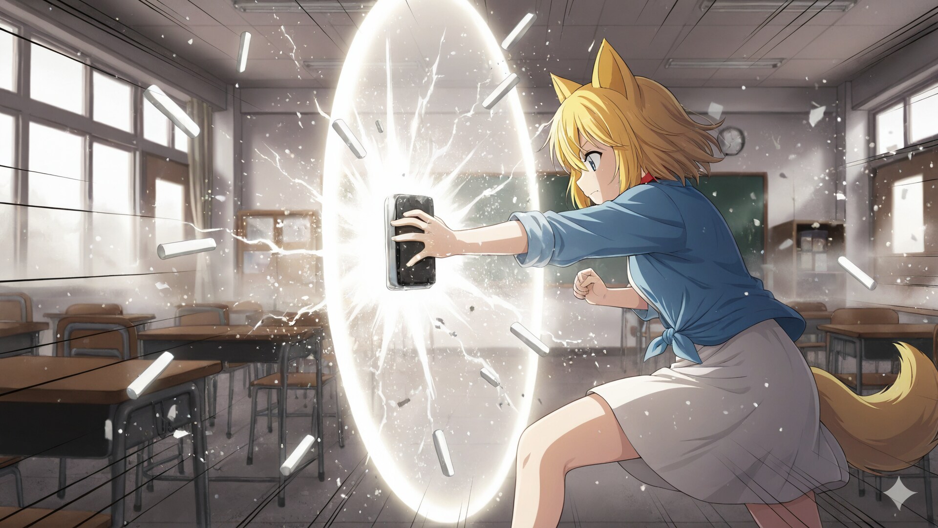 黒板消しからシールドを展開するという見た目は派手だが実際は飛んでくるチョークしか防げないめちゃくちゃ限定的な異能に目覚めたのでせめて文化… | の人気AIイラスト・グラビア