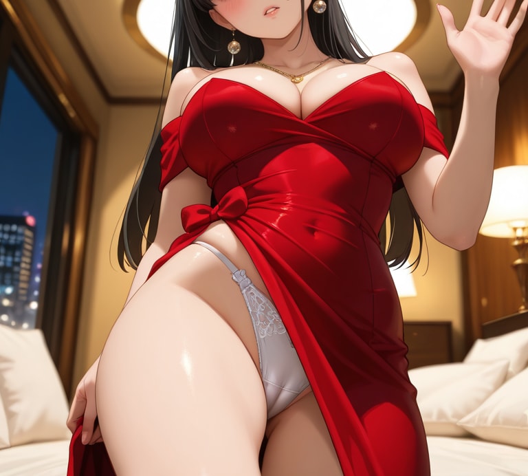 大胆スリットドレスのラウンジ嬢のむちむち白パンツ💗