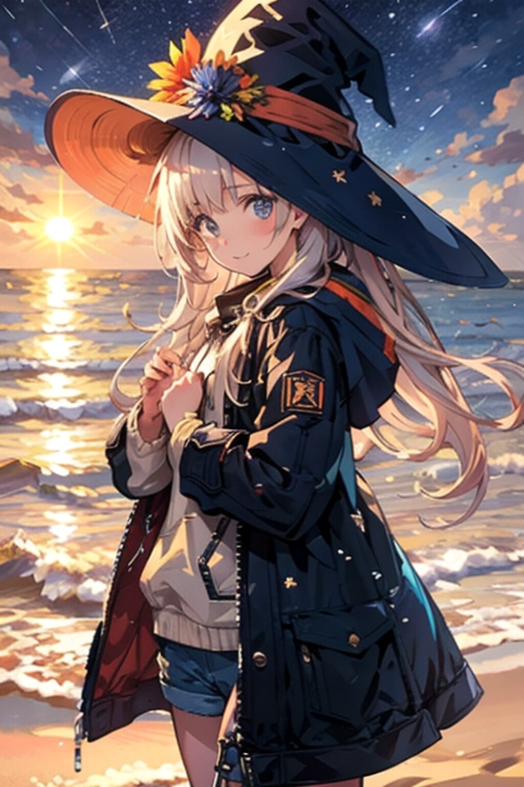 砂浜の魔女と夕焼け