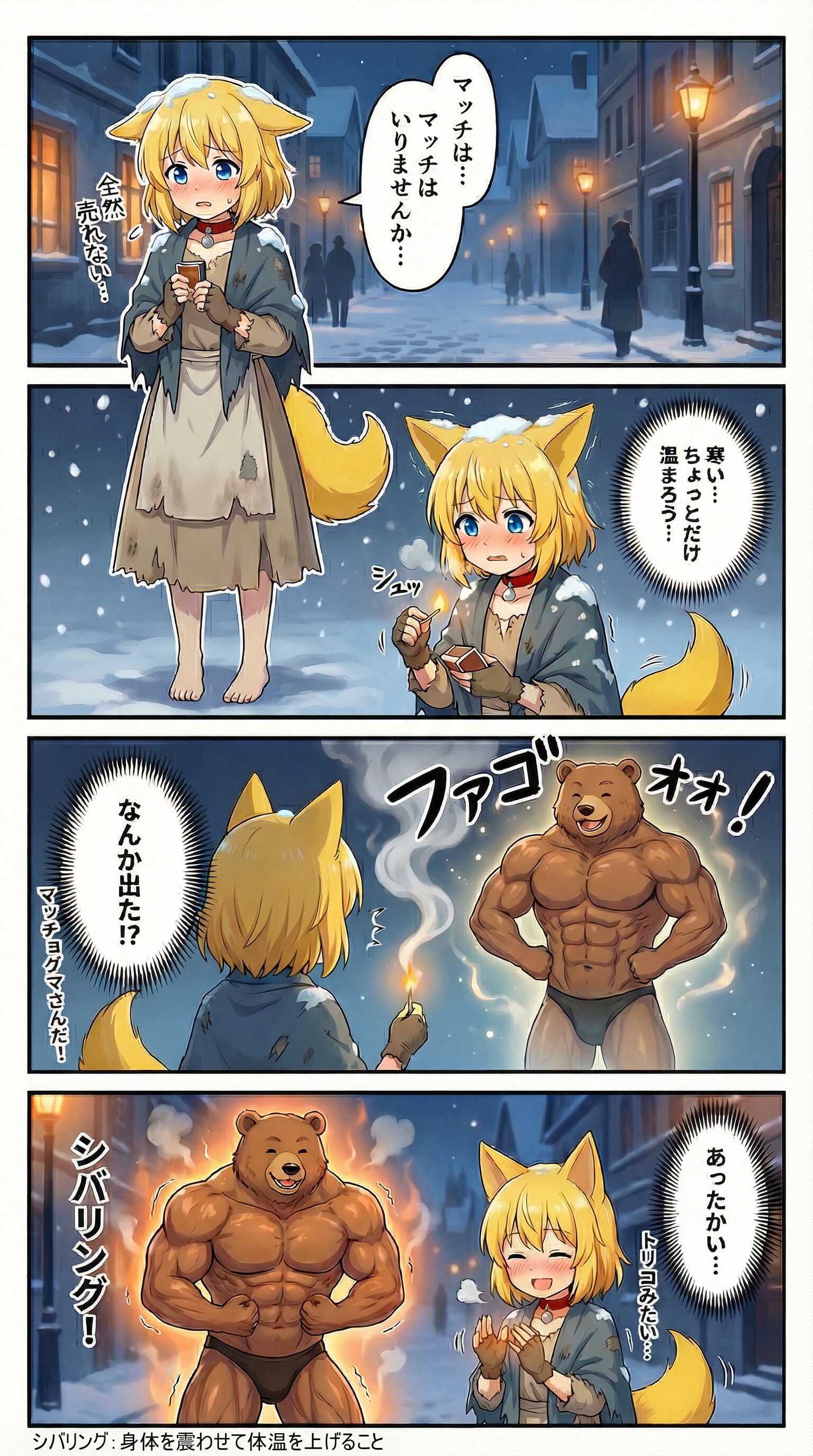 少しでも生活の助けになればとマッチを売り歩くものの誰も買ってくれず雪の町をさまよいながら指先も耳も痛みを感じるくらいに冷えていく中ついに寒さに耐えられず…