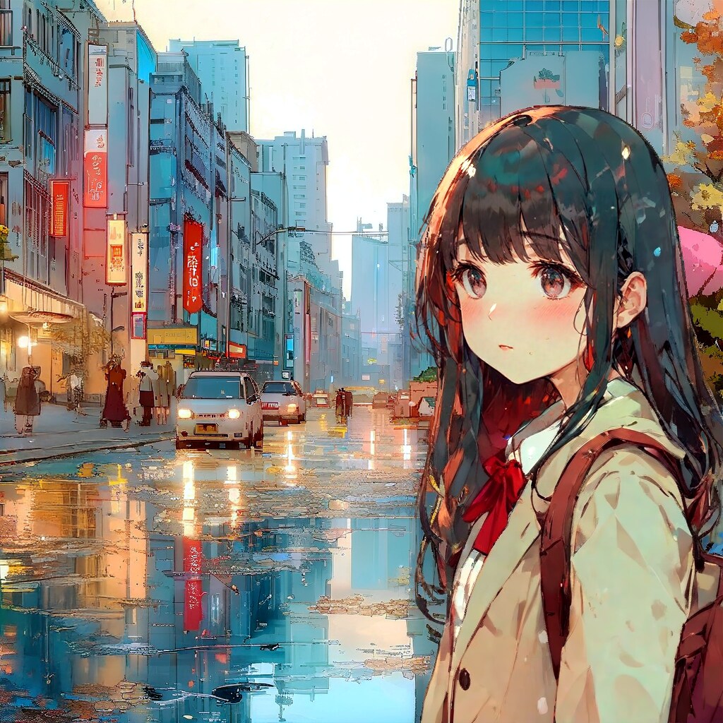 街と水たまり、少女178 | の人気AIイラスト・グラビア