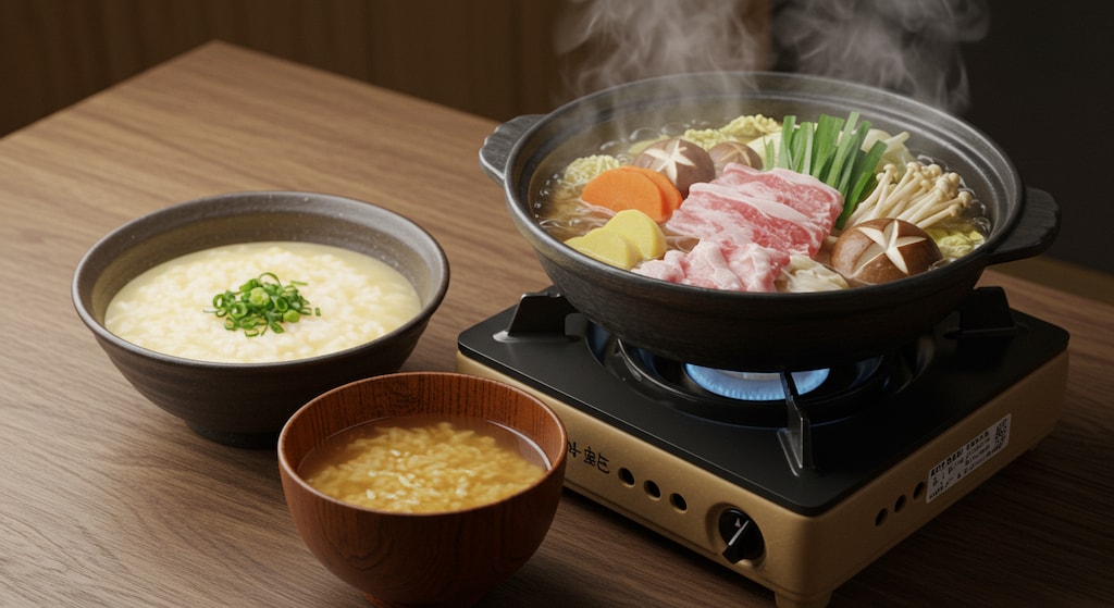 おだし亭さんの鍋料理と雑炊と味噌汁のセットを摩訶不思議食堂にて