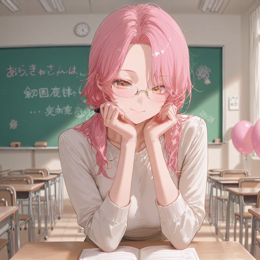 教室でピンクの風船を持つピンク髪ロングの美女先生