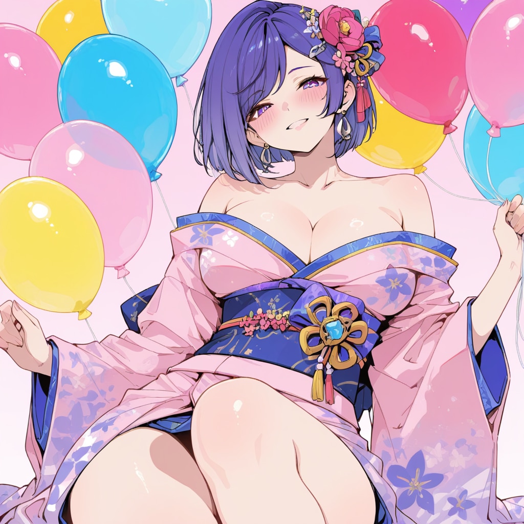 いっぱい色とりどりの風船を持つ紫髪ショートカットの着物着た美女